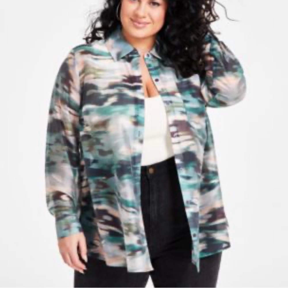 Nina Parker Plus Size 2X Button Front Shirt Top Blouse Artsy Sheer Pocket e2